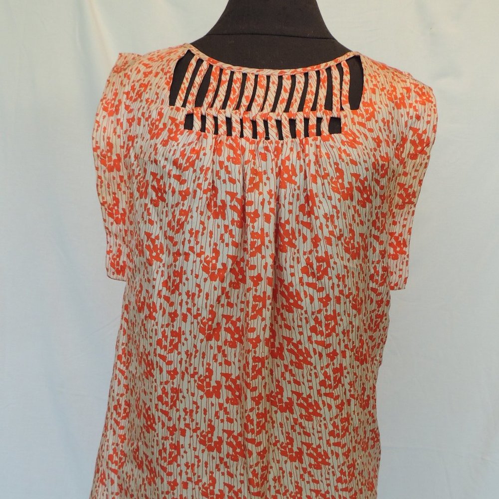 Loeffler Randall Sz 0 Blouse Cut Out Neck Silk Orange White Sleeveless
